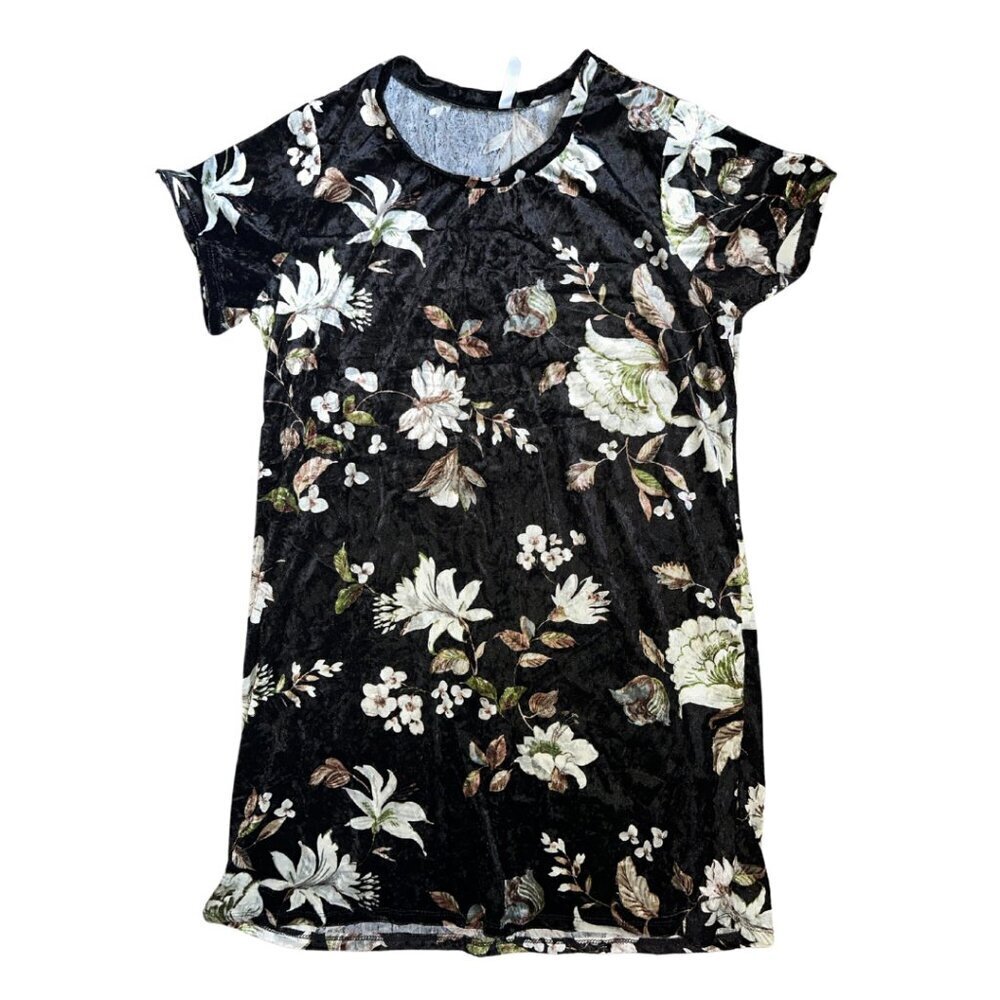 Black Velvet Floral T-Shirt Dress XL Women's Mini Dress Velour